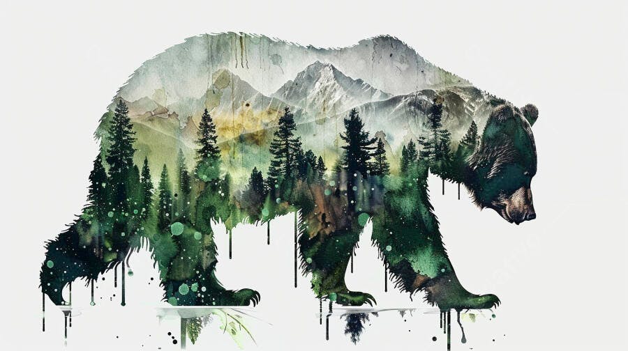 Urso selvagem com paisagem de floresta e montanhas em aquarela