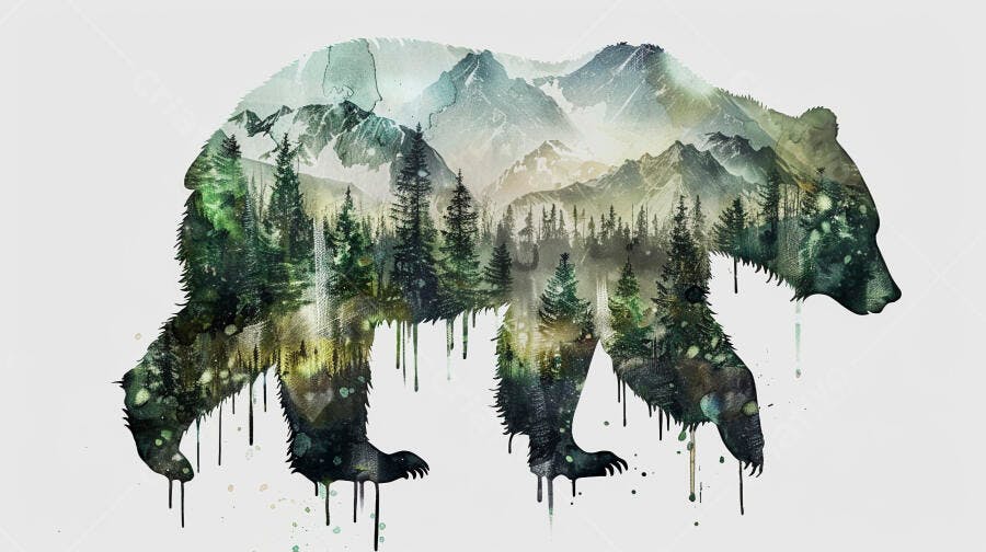 Urso pardo silhueta com paisagem de montanhas e floresta densa