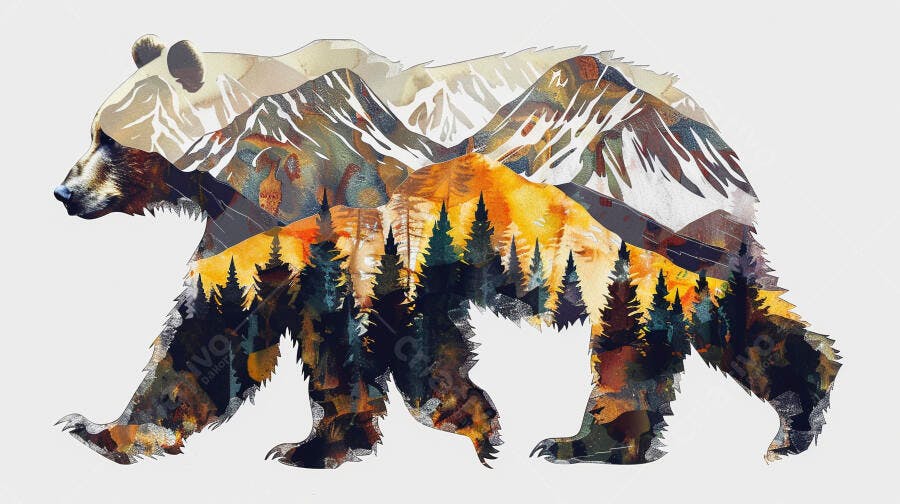 Urso silhueta com montanhas nevadas e floresta em estilo aquarela rústico