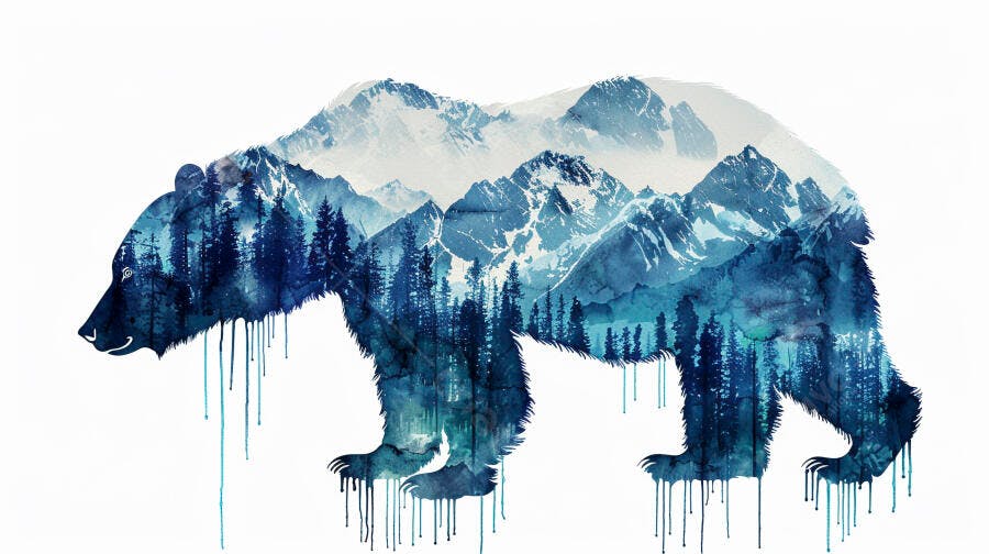 Urso azul aquarela com montanhas e floresta de pinheiros arte selvagem
