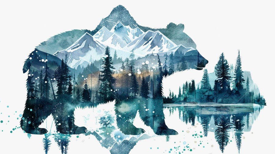 Urso em arte aquarela com montanhas floresta e lago em tons de azul e verde