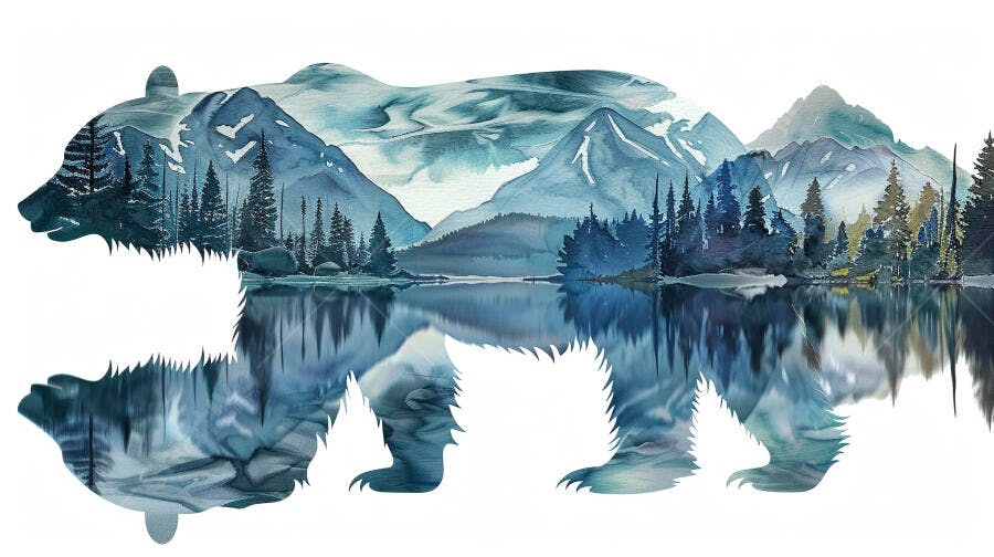 Urso em aquarela com paisagem de montanhas lago e pinheiros azuis