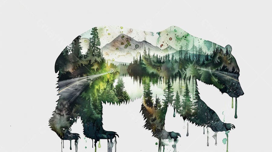 Urso silhueta com paisagem florestal e montanhas em aquarela