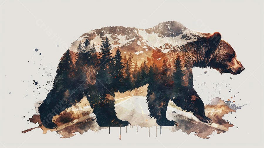Urso marrom silhueta paisagem montanha floresta pinheiros estrada estilo aquarela