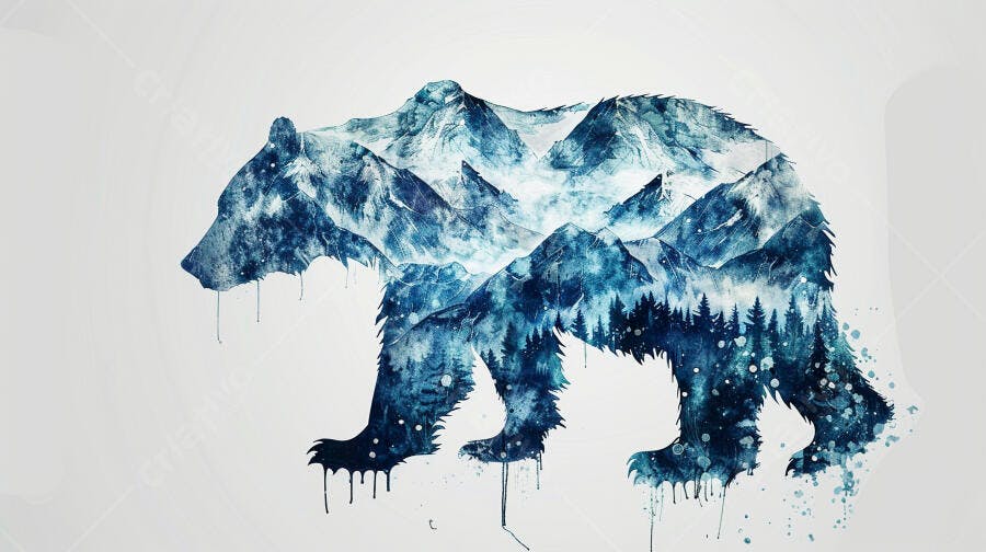 Urso silhueta com montanhas e floresta azul em aquarela