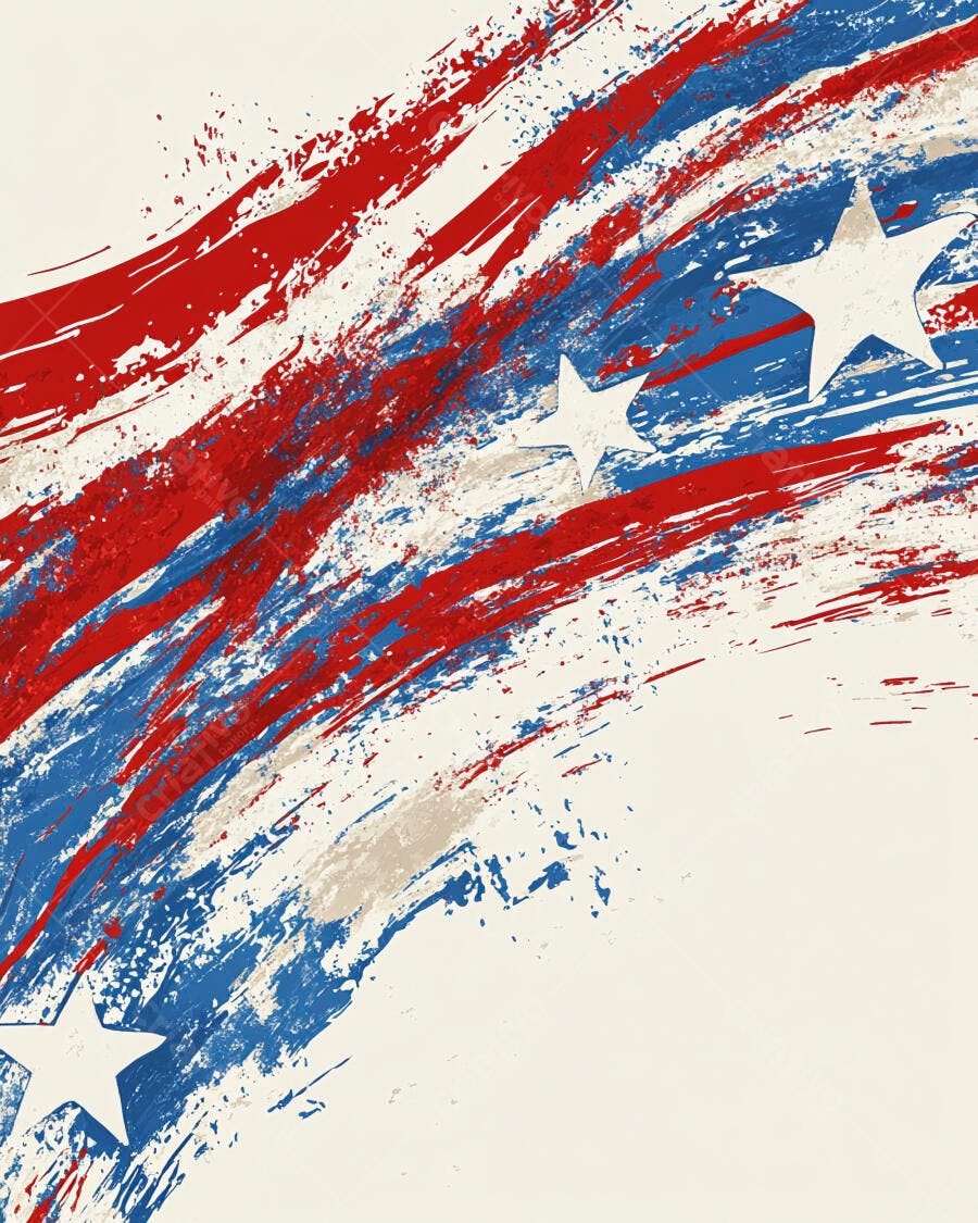 Fundo patriótico abstrato com pinceladas vermelhas e azuis e estrelas brancas grunge