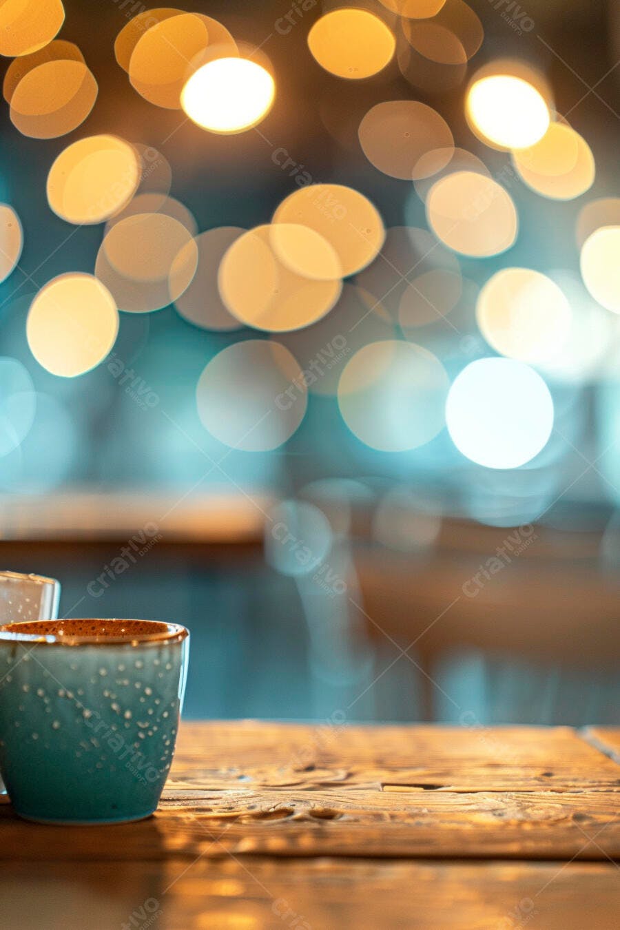 Caneca turquesa na mesa de madeira com luzes bokeh coloridas de café