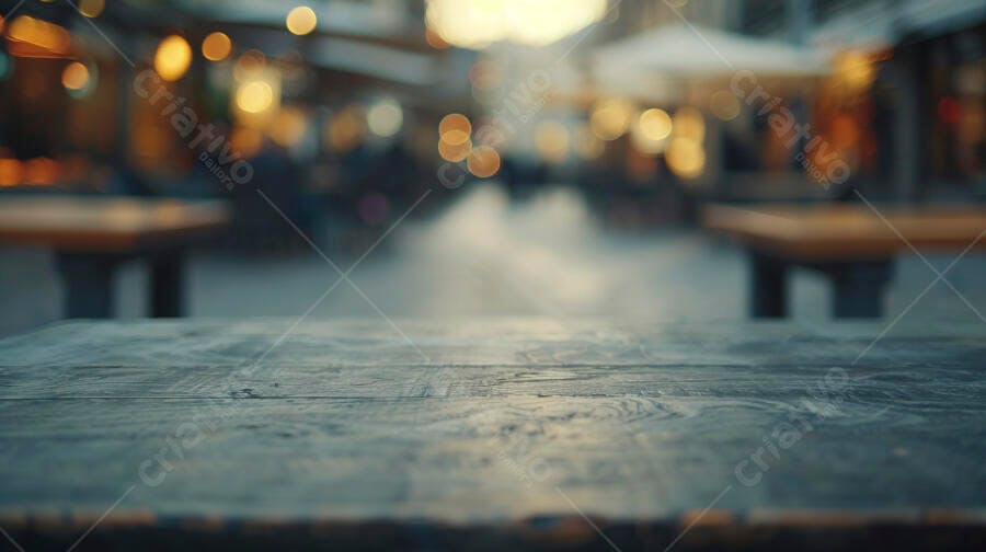 Mesa de madeira rústica com luzes urbanas bokeh ao anoitecer