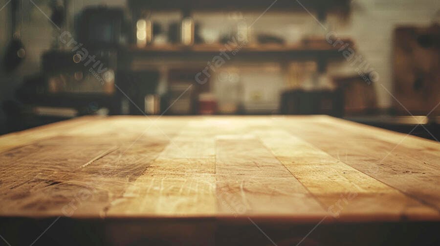 Mesa de madeira rústica em ambiente desfocado de cozinha com luz quente