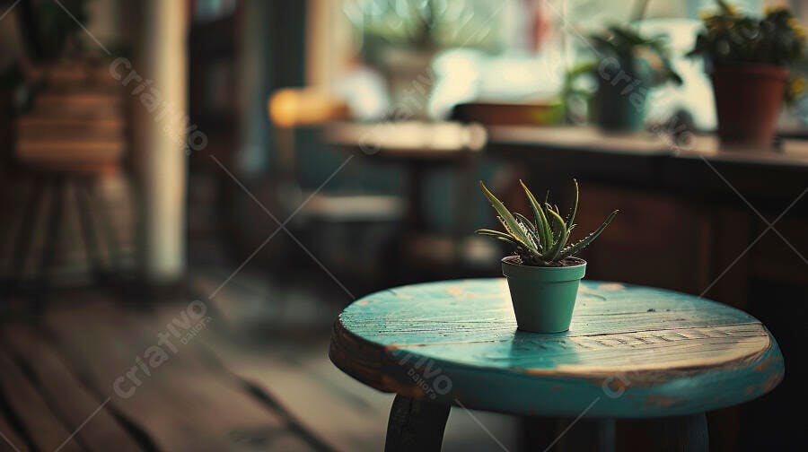 Planta suculenta em vaso verde sobre banquinho de madeira rústico teal