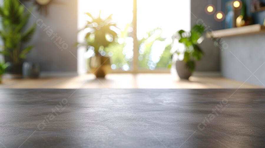 Bancada cinza escura com plantas verdes e luz natural em fundo desfocado