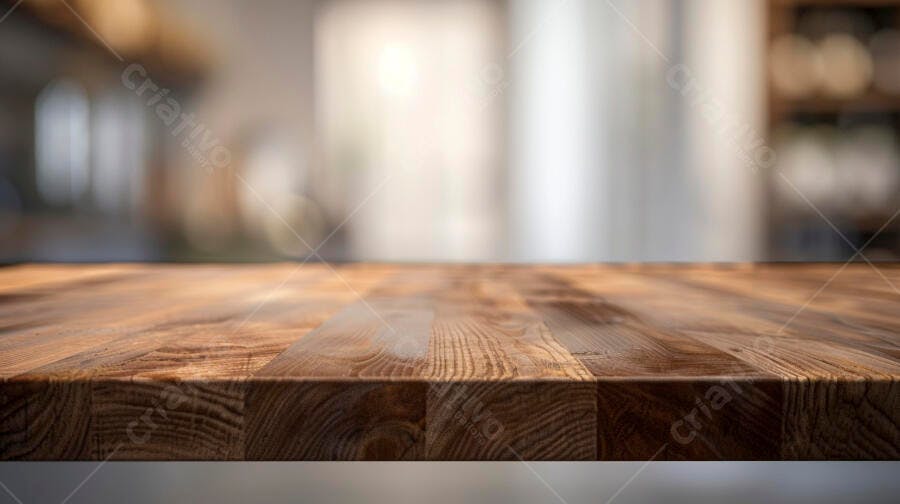 Mesa de madeira rústica clara em ambiente interno iluminado