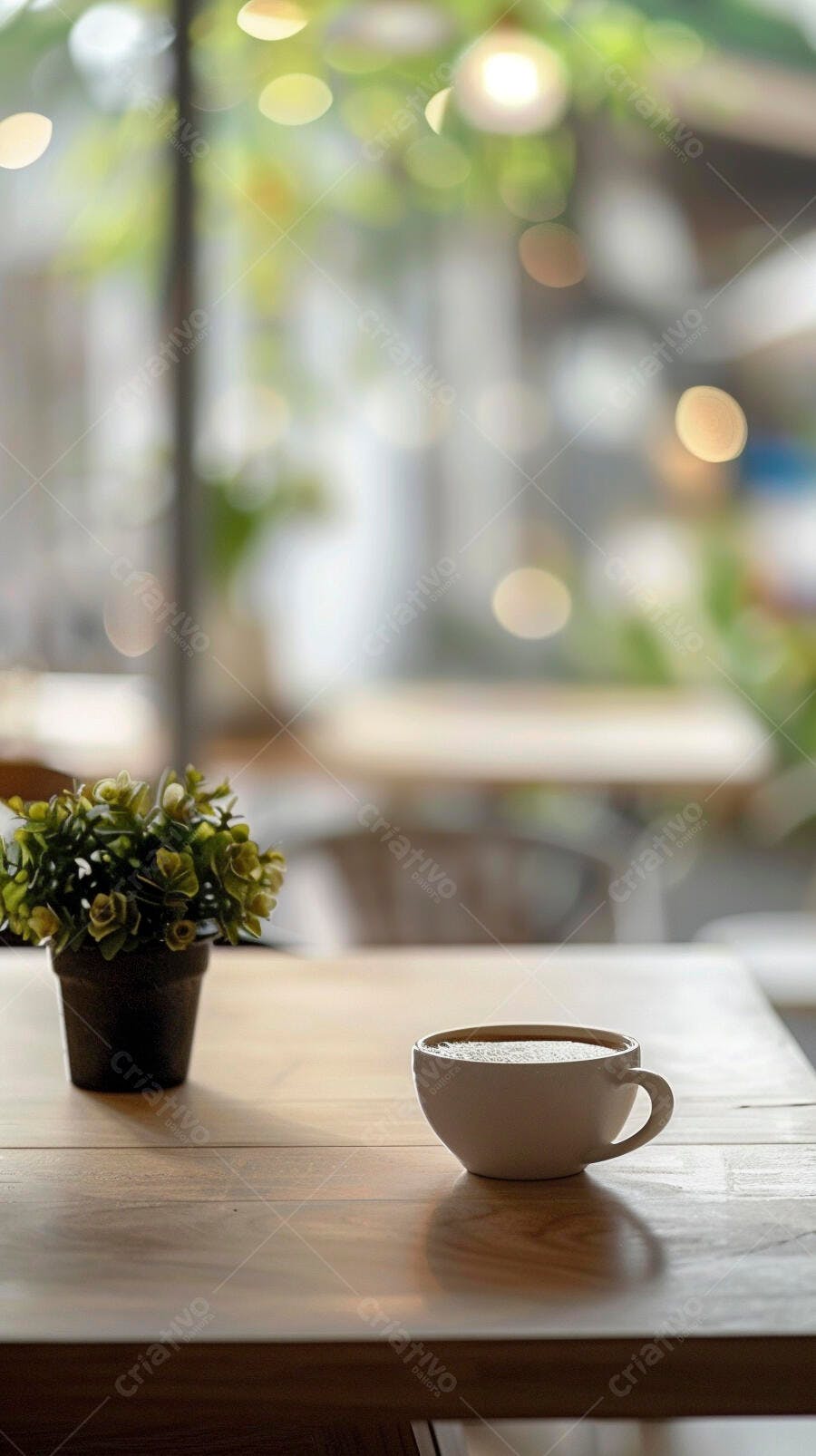 Xícara de café quente e planta em mesa de madeira rústica em cafeteria