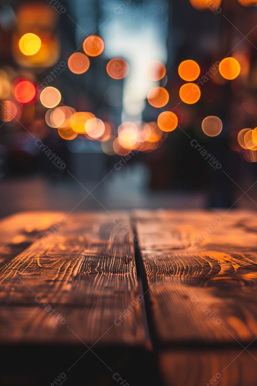 Mesa de madeira rústica com luzes bokeh urbanas ao fundo