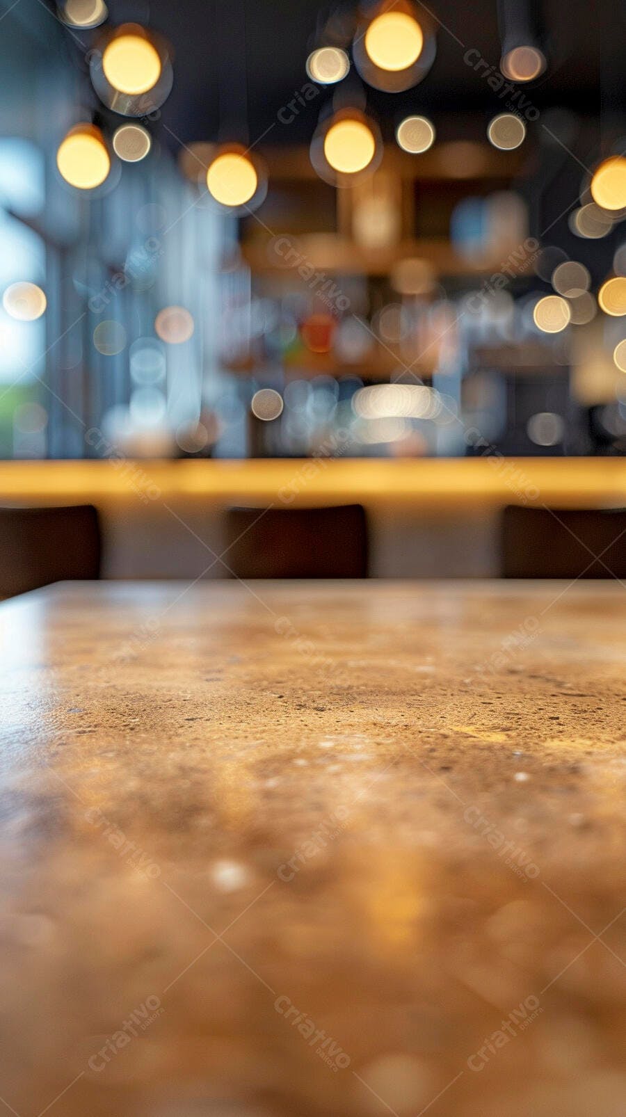 Mesa de madeira vazia em restaurante com luzes bokeh douradas
