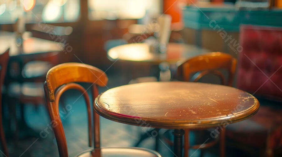 Mesa e cadeiras de madeira em café aconchegante com luz quente