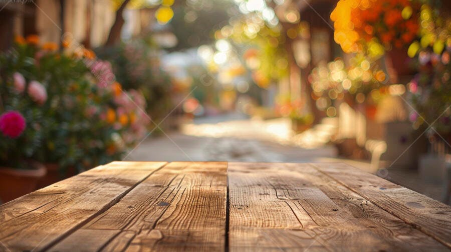Mesa de madeira rústica com fundo de rua florida ensolarada e bokeh dourado