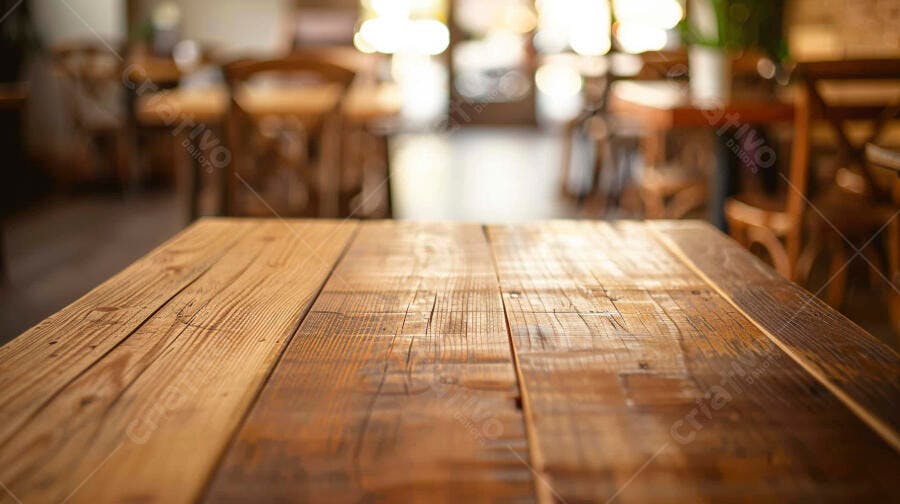 Tábua de madeira rústica em mesa de café com fundo desfocado