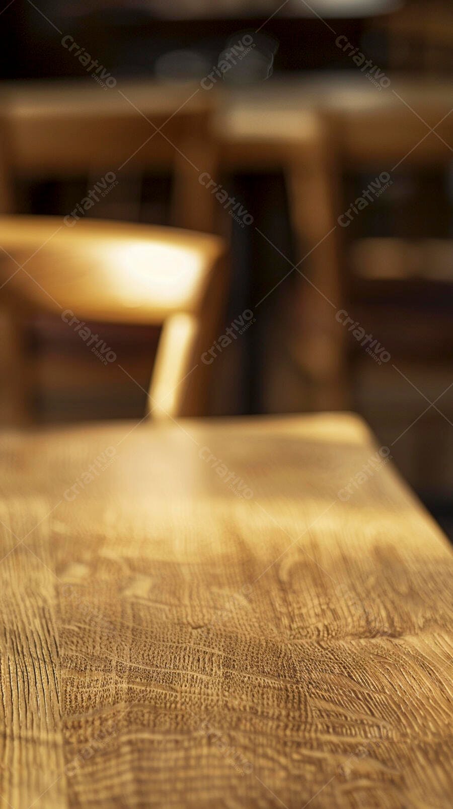 Mesa de madeira rústica em café com cadeiras desfocadas