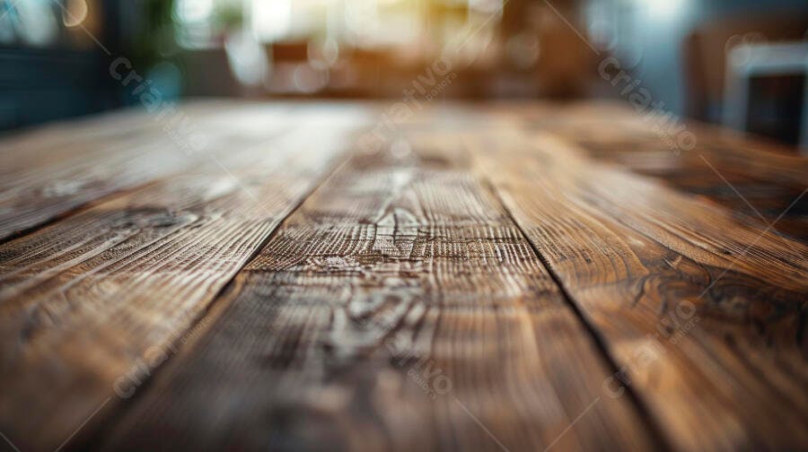 Mesa de madeira rústica com textura em ambiente acolhedor e luz quente
