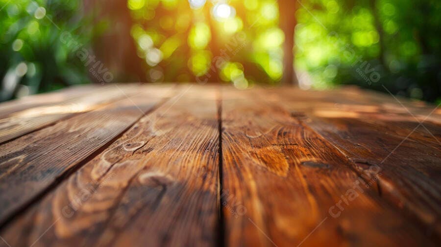 Mesa de madeira rústica ao ar livre com luz solar e fundo verde borrado