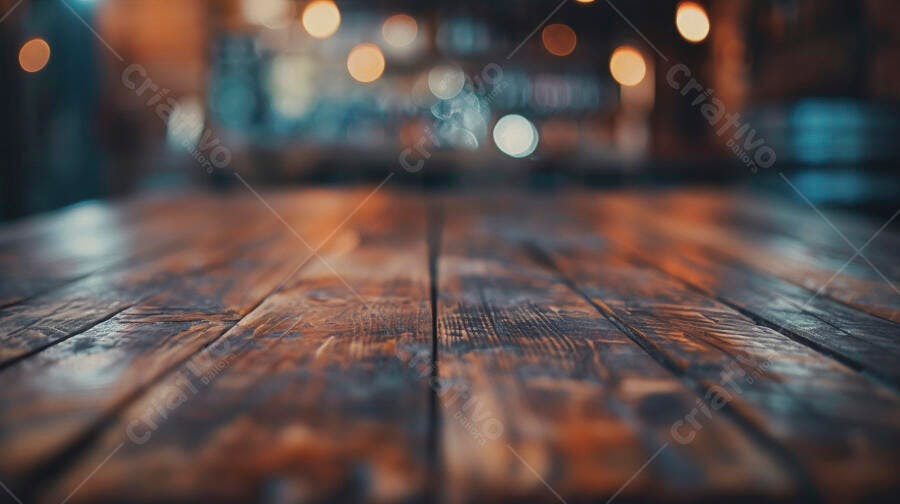 Mesa de madeira rústica com luzes bokeh desfocadas ao fundo