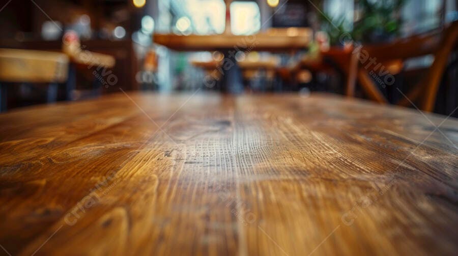 Mesa de madeira rústica em café aconchegante com fundo bokeh