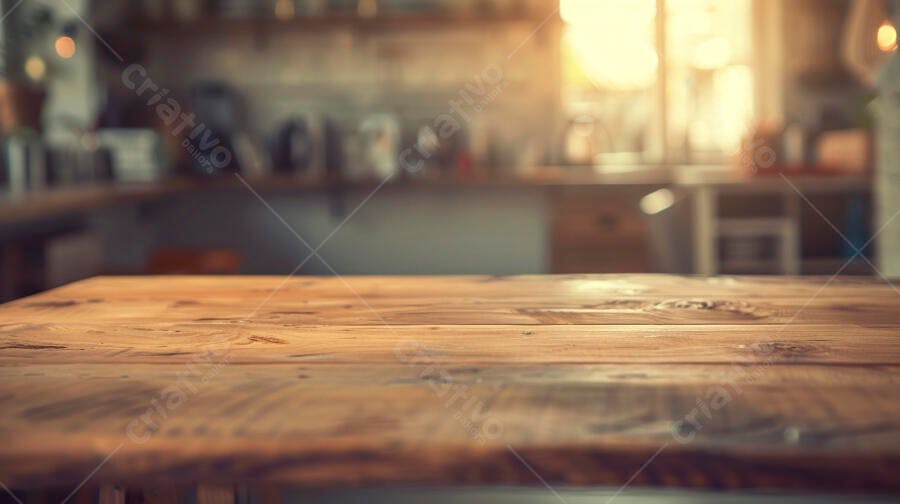 Tábua de madeira rústica com fundo de cafeteria desfocado e luz quente