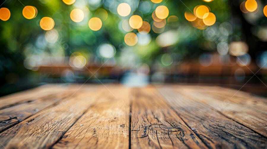 Mesa de madeira rústica com luzes bokeh verdes e douradas ao ar livre