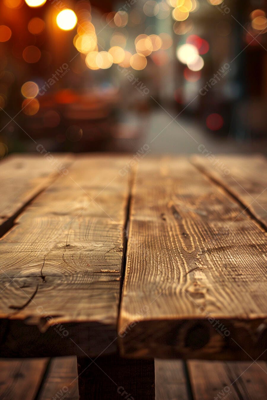 Mesa de madeira rústica com textura e luzes bokeh laranjas em ambiente noturno festivo