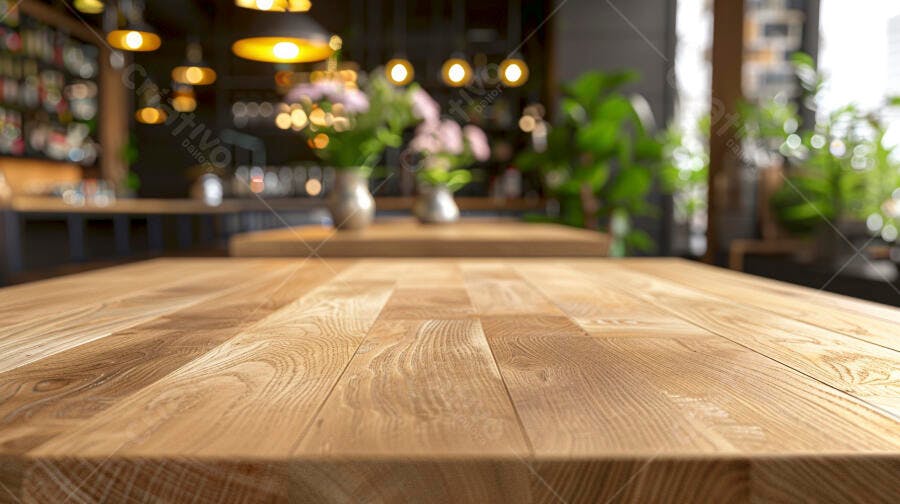 Mesa de madeira vazia em café restaurante com luzes e plantas desfocadas