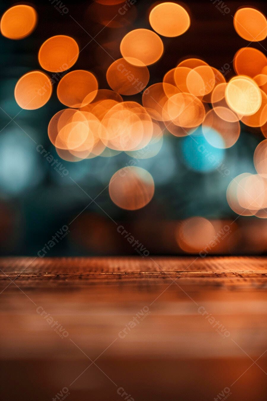 Luzes bokeh laranja e azuis desfocadas em superfície de madeira noturna