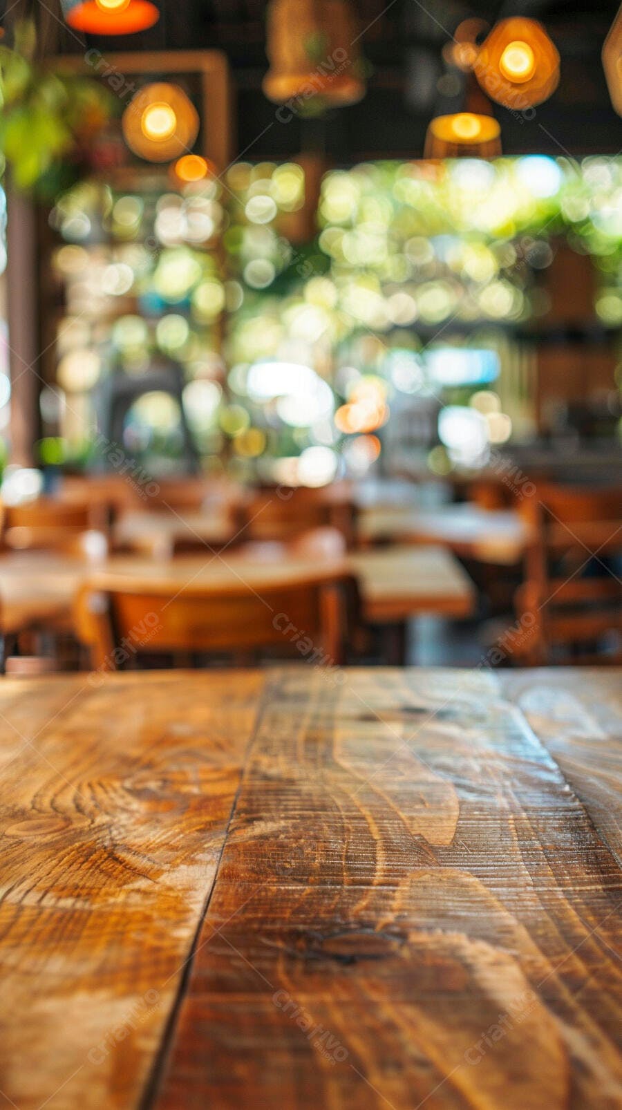 Mesa de madeira rústica em café com iluminação quente e fundo desfocado