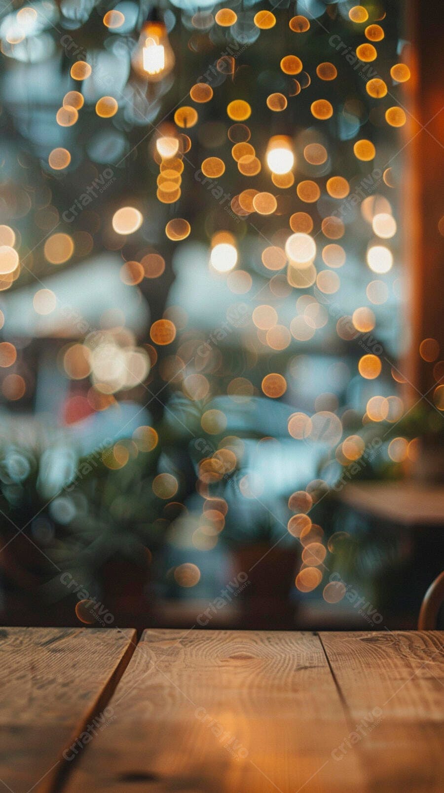 Mesa de madeira rústica com luzes bokeh douradas desfocadas em ambiente aconchegante