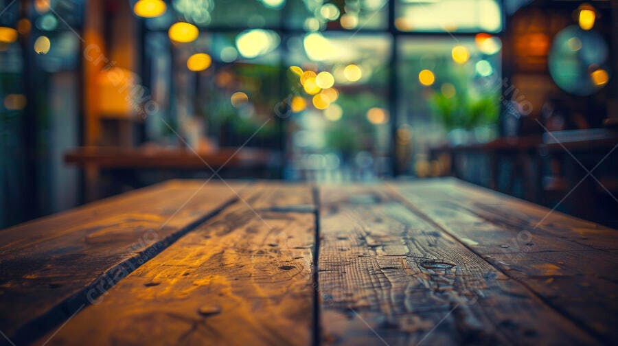 Mesa de madeira rústica com fundo bokeh de luzes quentes em cafeteria