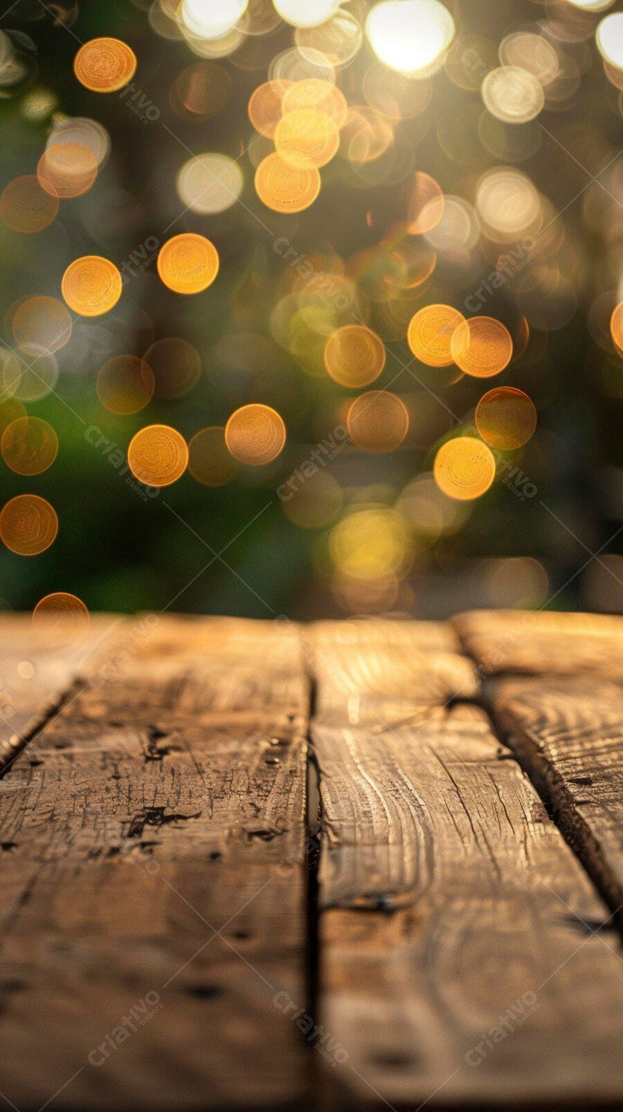 Fundo desfocado com luzes bokeh e mesa de madeira rústica