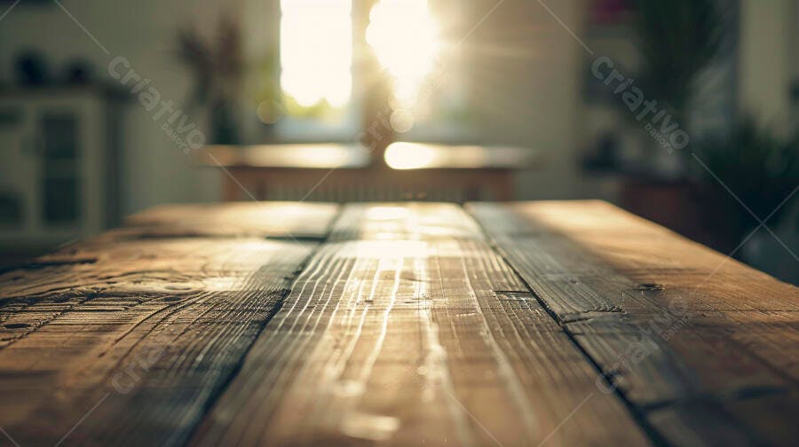 Mesa de madeira rústica iluminada pelo sol da manhã