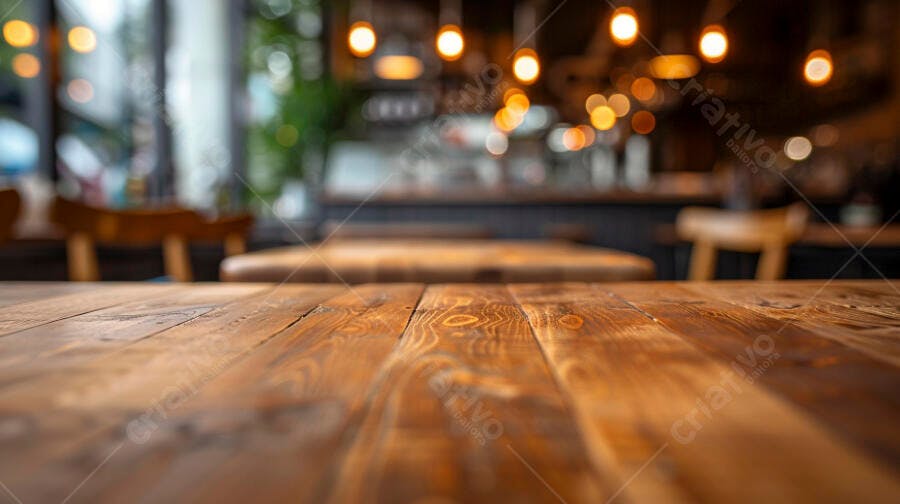 Mesa de madeira rústica vazia com fundo de café desfocado e luzes calorosas