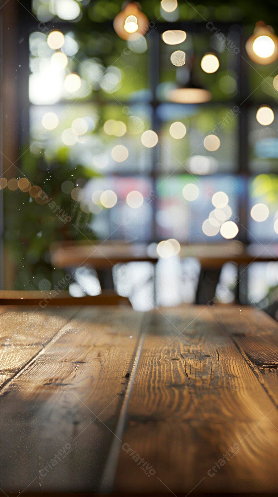 Mesa de madeira escura com luzes bokeh e ambiente de café aconchegante