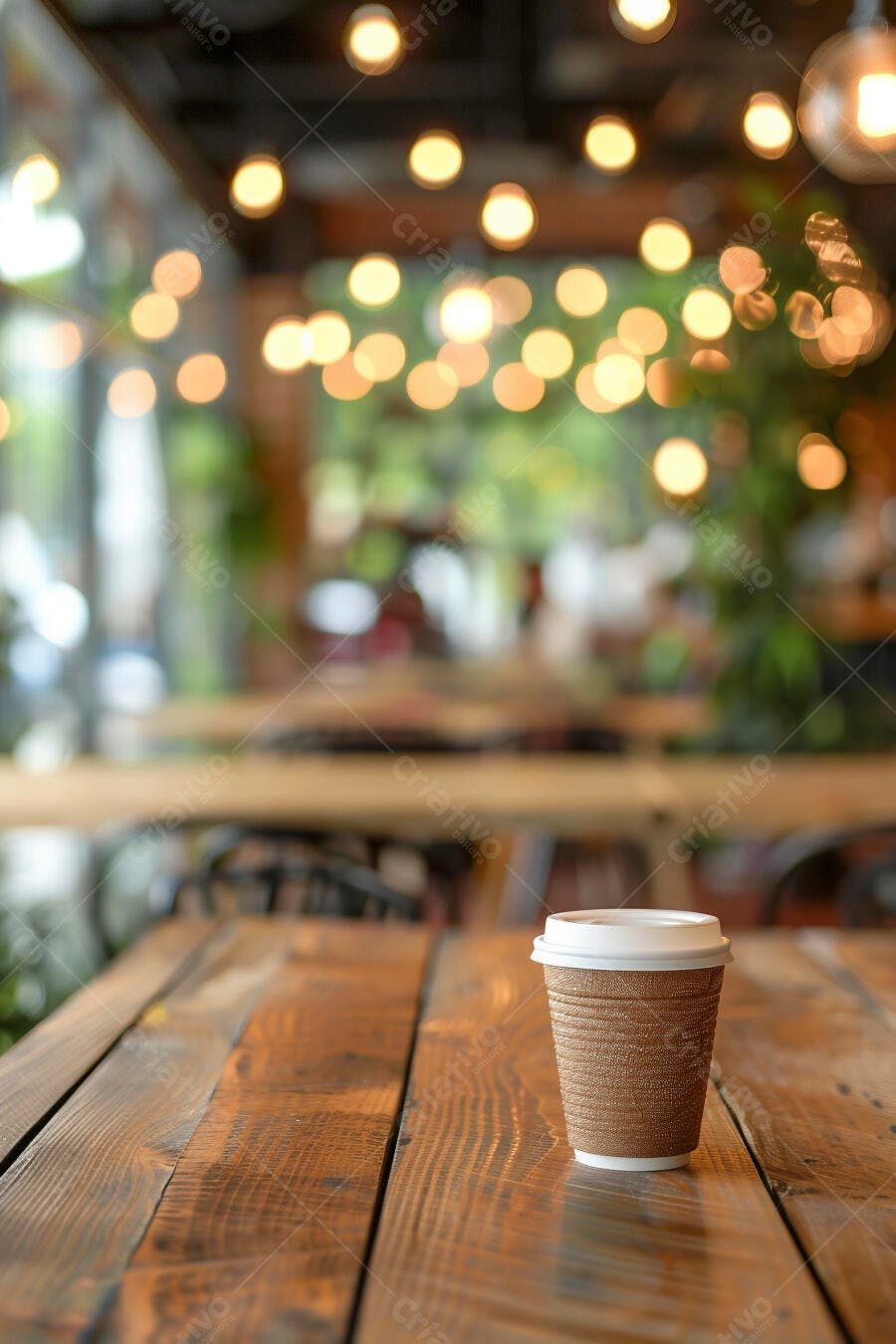 Copo de café descartável marrom em mesa de madeira rústica, cafeteria aconchegante