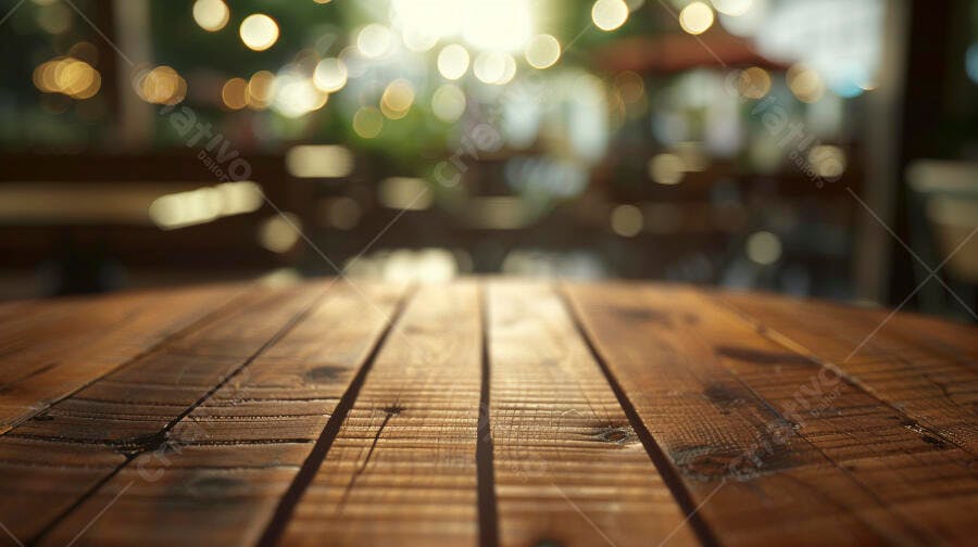 Mesa de madeira rústica com luzes bokeh desfocadas ao fundo à noite