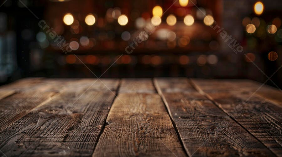 Mesa de madeira rústica com fundo de luzes bokeh em bar aconchegante