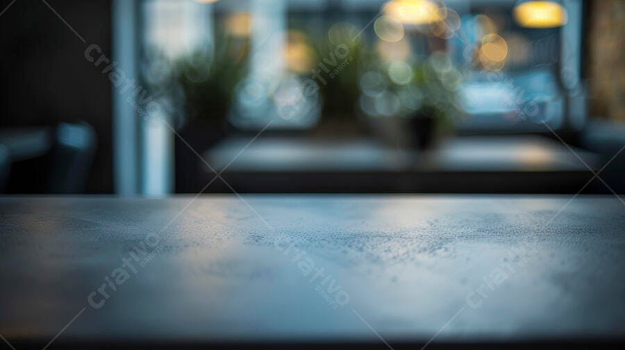 Mesa escura texturizada em primeiro plano com fundo de café desfocado e luzes bokeh