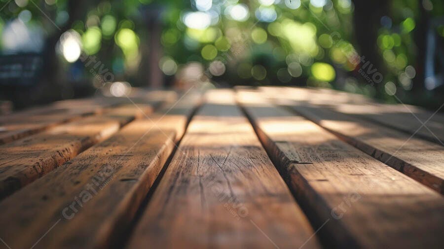 Superfície de madeira rústica com bokeh verde e luz solar
