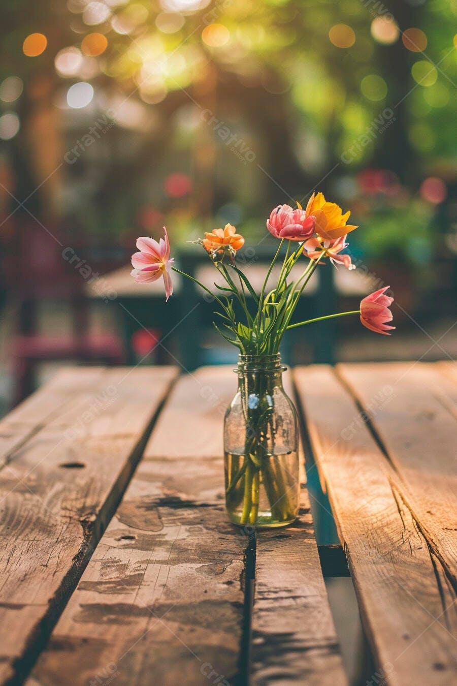 Buquê de flores rosa laranja e amarelas em garrafa sobre mesa rústica ao pôr do sol