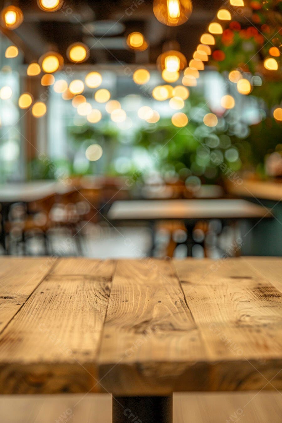 Mesa de madeira rústica em restaurante moderno com luzes bokeh e plantas