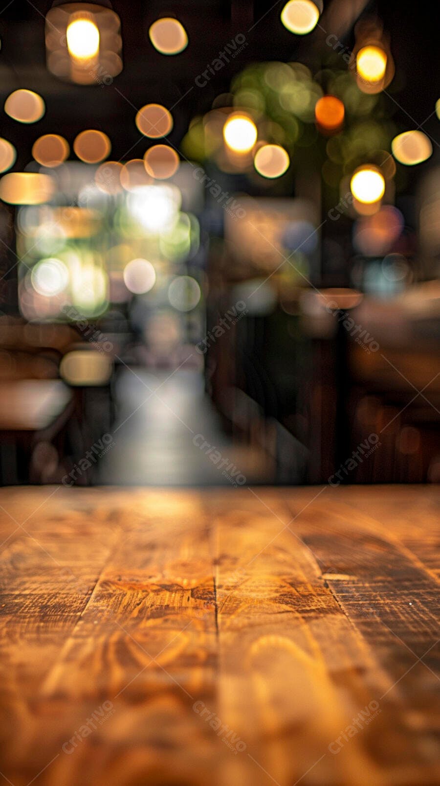 Mesa de madeira rústica com luzes bokeh douradas desfocadas em ambiente aconchegante