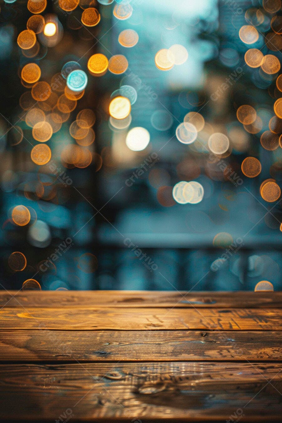Tábua de madeira rústica com luzes bokeh douradas no fundo
