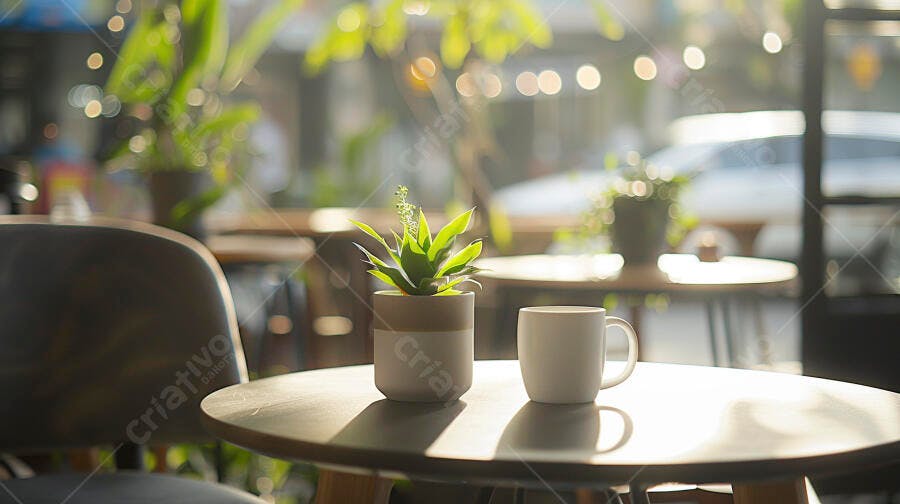Planta verde e xícara branca em mesa de café à luz do sol