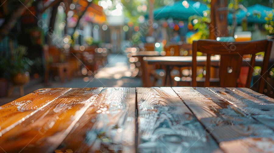 Mesa de madeira rústica em café ao ar livre com luz solar